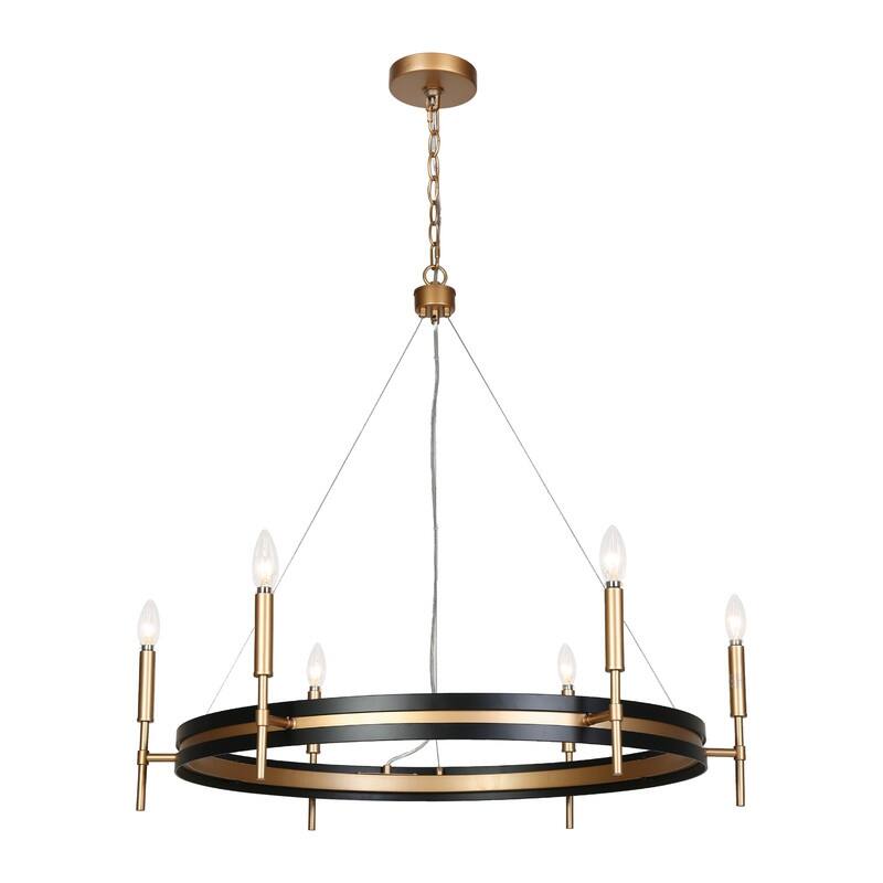 Modern Farmhouse 6-Light Black Gold Chandelier Wheel Mid-century Lights for Dining Living Room - D33.3" x H92.3" Max