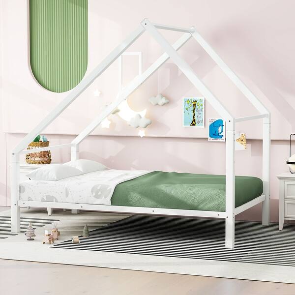 slide 2 of 10, White Twin Size Metal House Platform Bed with Roof Twin - White