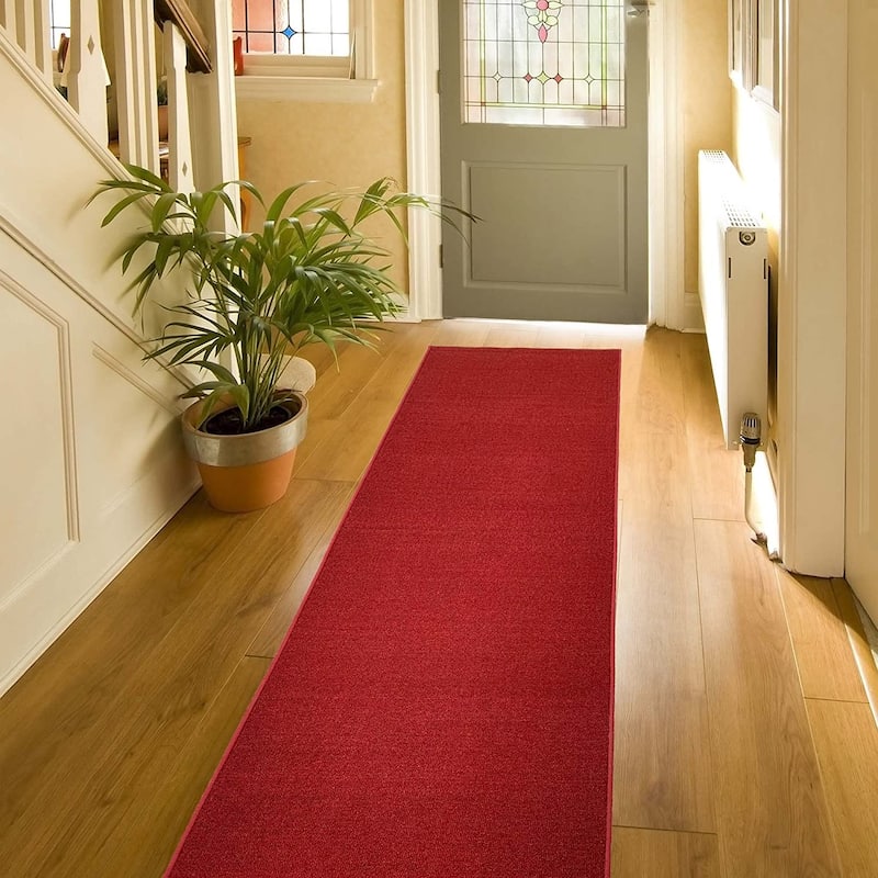 Custom Size Solid Design 26 Inch Wide Non-Slip Stair Runner Rug - 25 Feet - Red