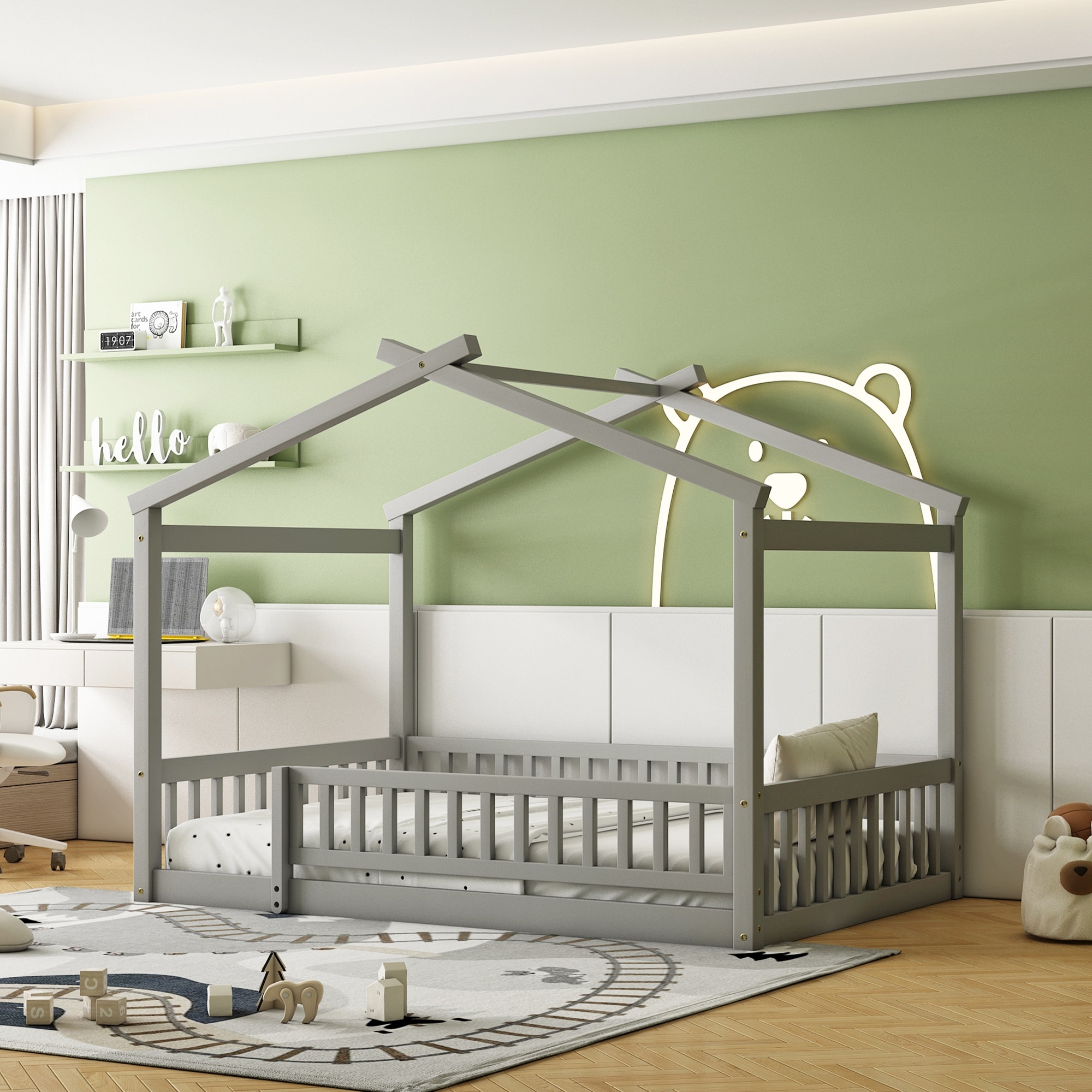 Classic Design Wood House Bed Frame with Roof and Fence, Safety Guaranteed, Full Size, Grey