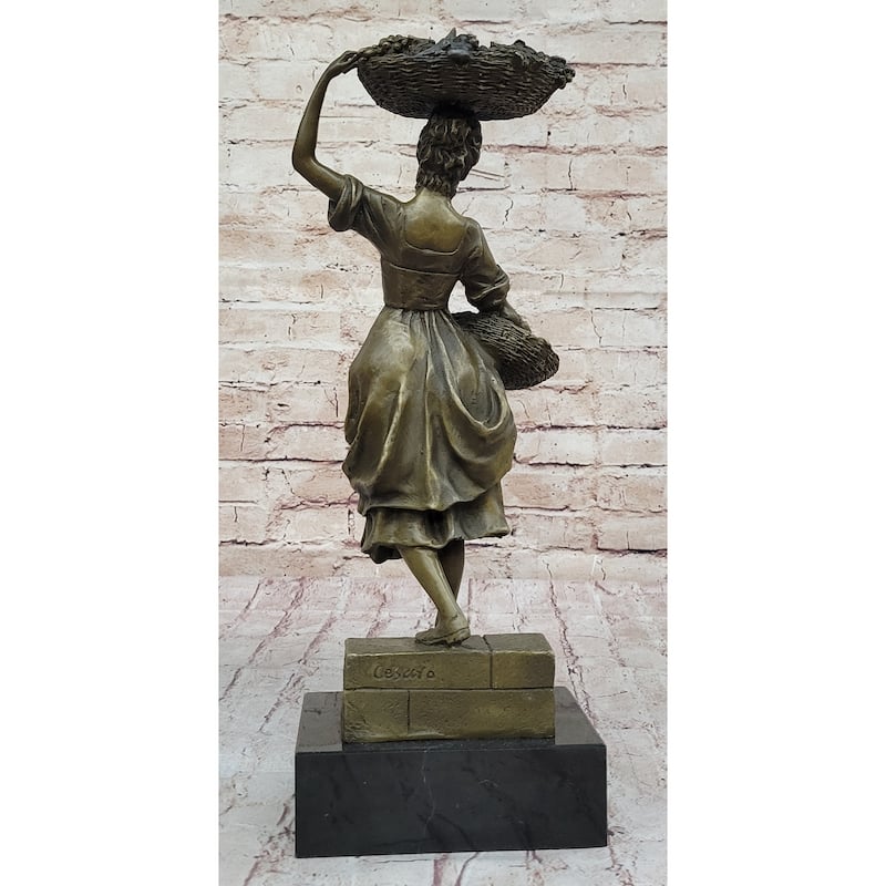 Girl Carrying Basket Of Fruit - Hot Cast Bronze Original Sculpture On Marble Base