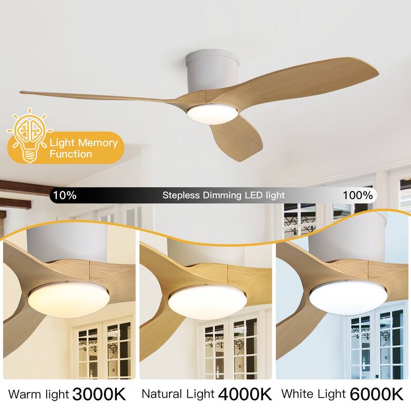 Sofucor 52 Inch Low Profile Flush Mount Ceiling Fan With Light and Remote,3-ABS Blades Smart Optional,Reversible DC Motor
