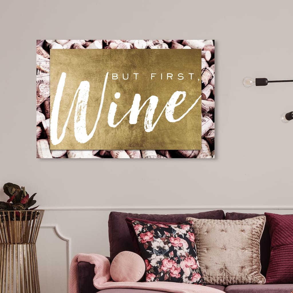 Wynwood Studio 'But First Wine Gold Corks' Typography and Quotes Wall Art Canvas Print Quotes and Sayings - Gold, White