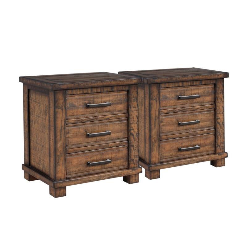 HomeRoots Set of Two 26" Walnut Solid Wood Distressed Three Drawer Nightstand