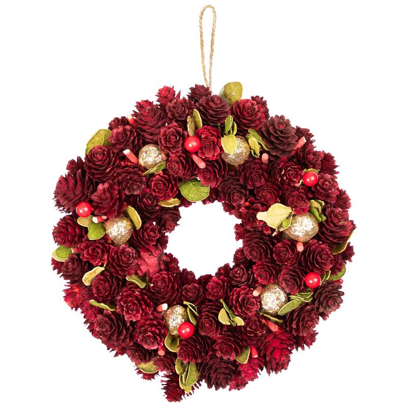Red Gold Pine Cone Ornament Artificial Christmas Wreath, 9.5", Unlit