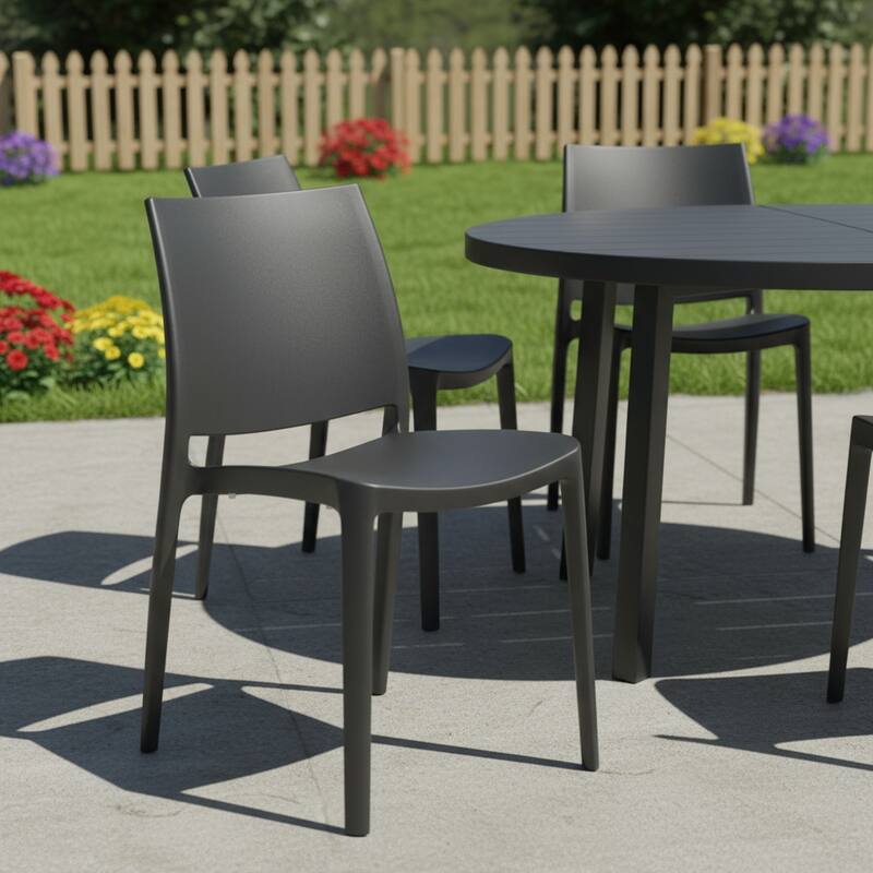 Set of Four Dark Gray Heavy Duty Plastic Outdoor Stacking Dining Chairs - Dark Gray