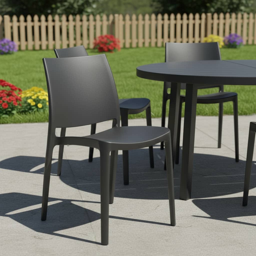 Set of Four Dark Gray Heavy Duty Plastic Outdoor Stacking Dining Chairs