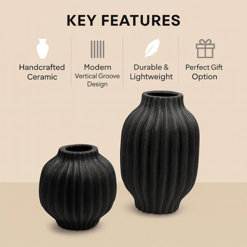 ARIA HOME Black Vertical Modern Ceramic Grooved Table Vase Set of 2