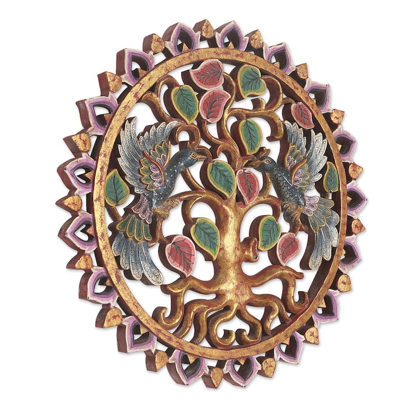 Novica Handmade Perched Peacocks Wood Relief Panel