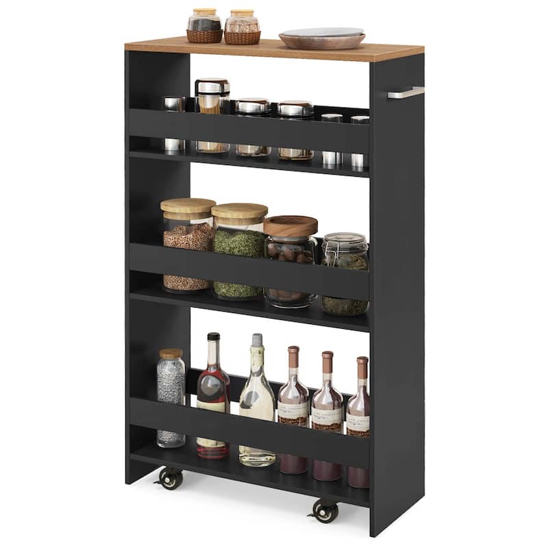 4-Tier Side Out Shelving Unit Slim Storage Rolling Cart w/ Handle - Black+Natural