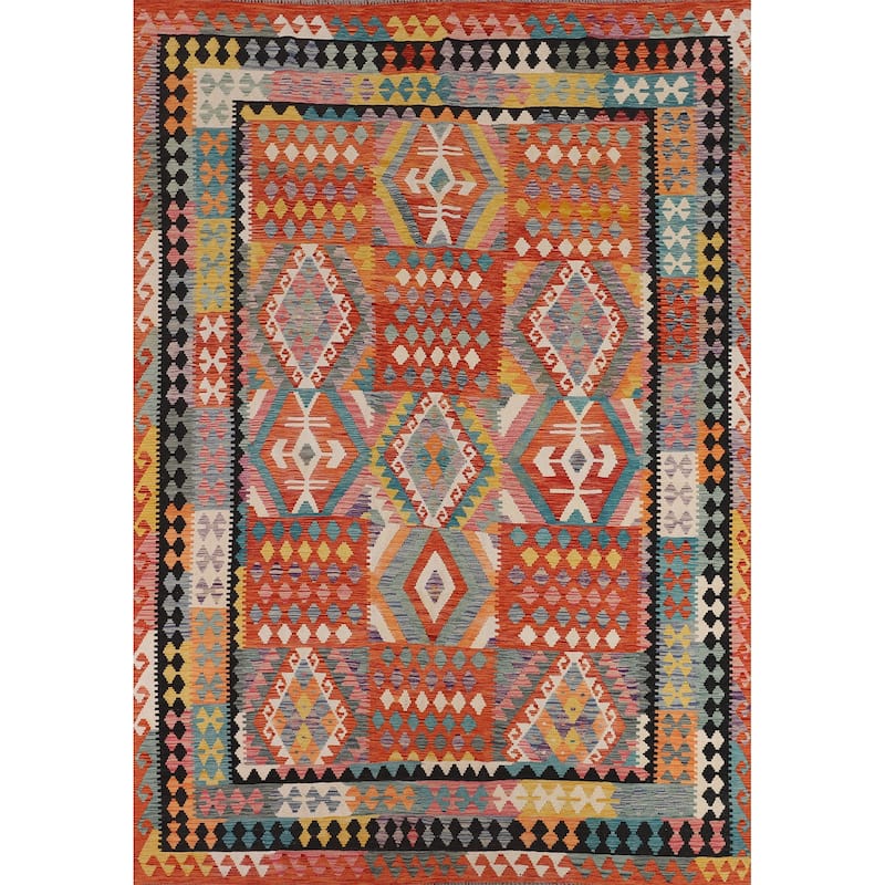Geometric Kilim Oriental Area Rug Flatweave Orange Wool Carpet - 8'0" x 11'5"