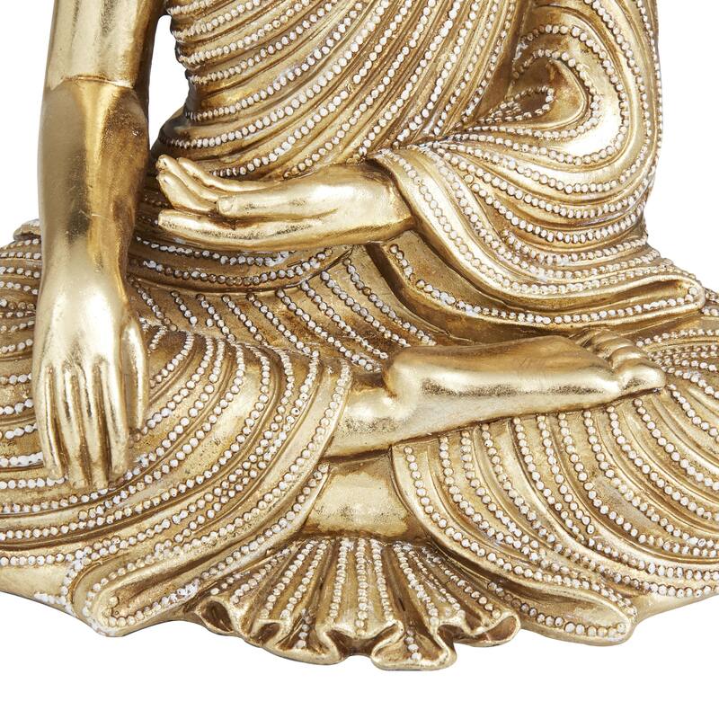 Gold Polystone Meditating Buddha Decorative Sculpture with Engraved Carvings and Relief Detailing