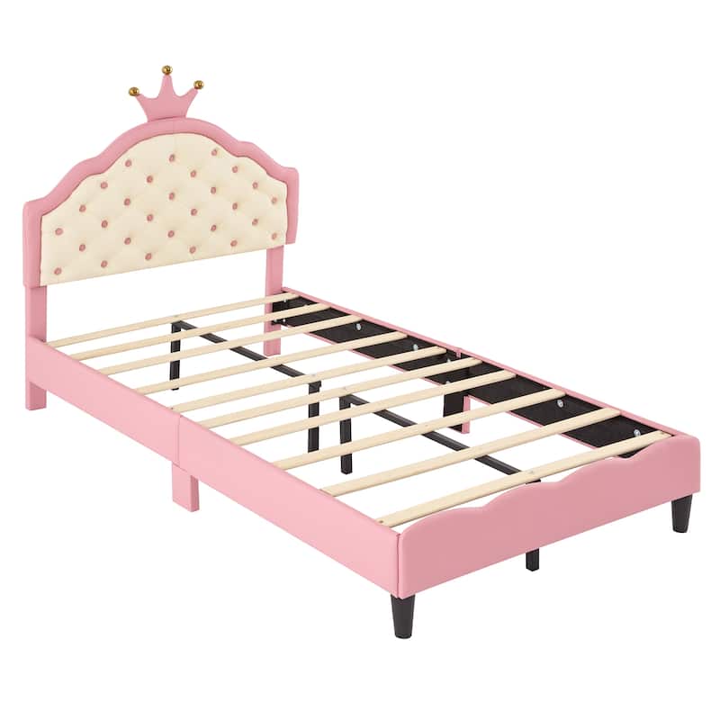 Twin Size PU Leather Princess Bed with Crown-Shaped Tufted Headboard, Pink and Cream Upholstered Kids Bed