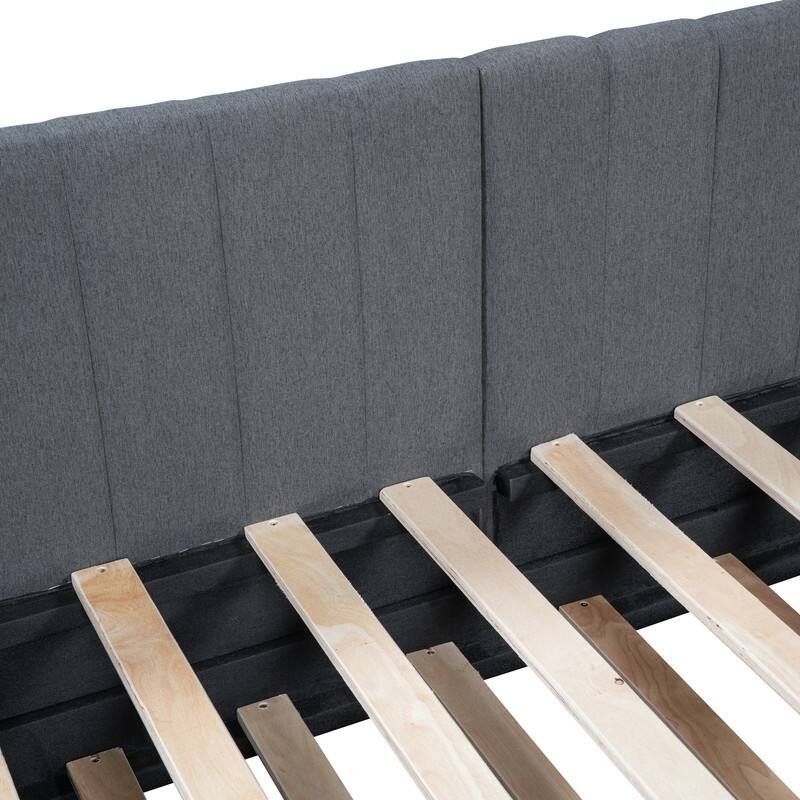 Upholstered Daybed with Twin Size Trundle, Twin Size inen Fabric Sofa Bed Frame with L-Shaped Headboard, No Box Spring Needed