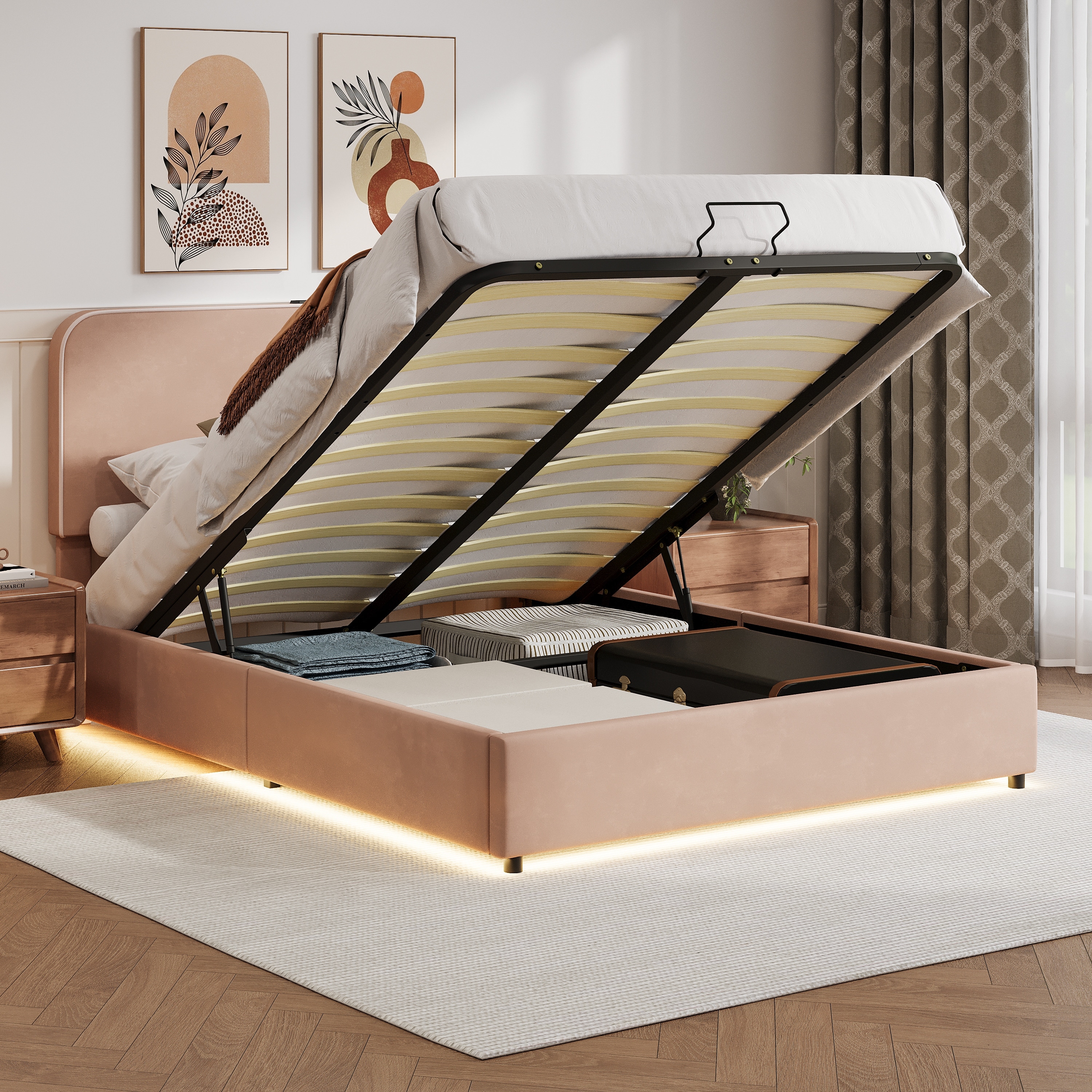 Full Size Upholstered Platform Hydraulic Storage Bed,Lift Up Storage Bed with RGB LED Light,Bluetooth Speaker