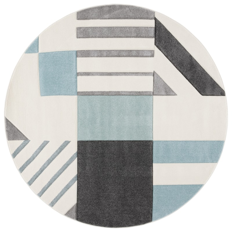 SAFAVIEH Hollywood Tatianna Mid-Century Modern Abstract Rug - 6'7" Round - Ivory/Aqua - Round