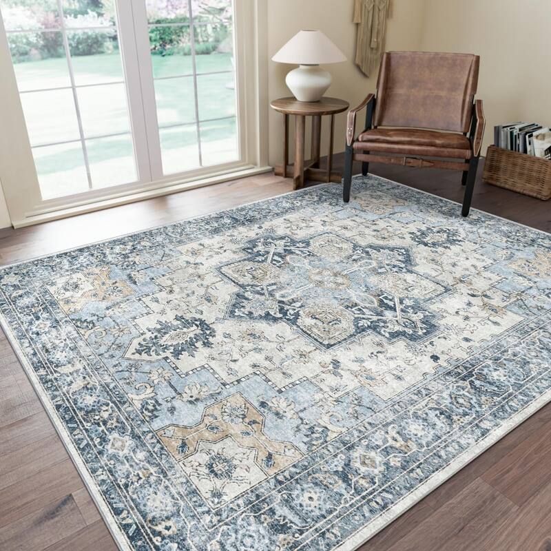 Mcow Neutral Floral Low Pile Machine Washable Non-Slip Area Rug