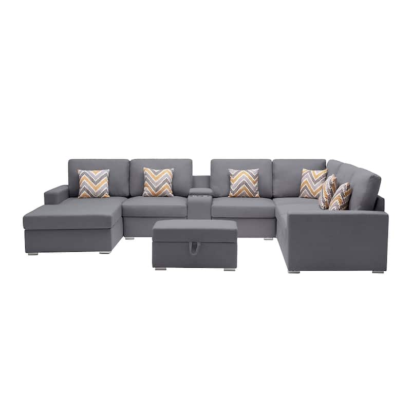 Linen Fabric 8 Piece Reversible Chaise Sectional Sofa with Storage Ottoman, and Storage Console Table - Gray