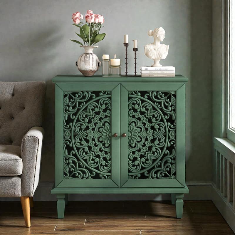 Vintage Hollow-Carved 2-Door Accent Cabinet with Floral Design, Adjustable Shelf and Solid Wood Legs, 31.5'' Sideboard - Antique Green