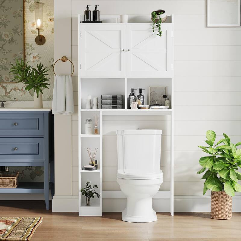 Anmytek Over The Toilet Storage Cabinet with Barn Door, Rustic Farmhouse Bathroom Laundry Organizer with Adjustable Bottom Bar