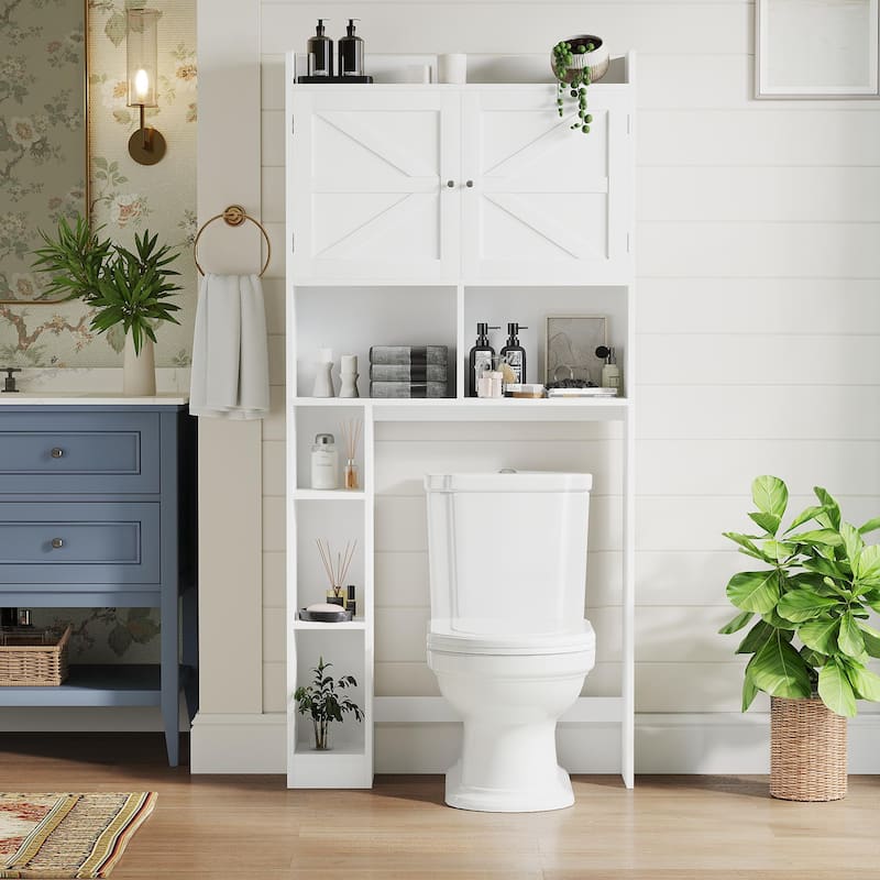Over-The-Toilet Storage Cabinet with Adjustable Shelf, Bathroom Space Saver with Double Doors and Open Shelves