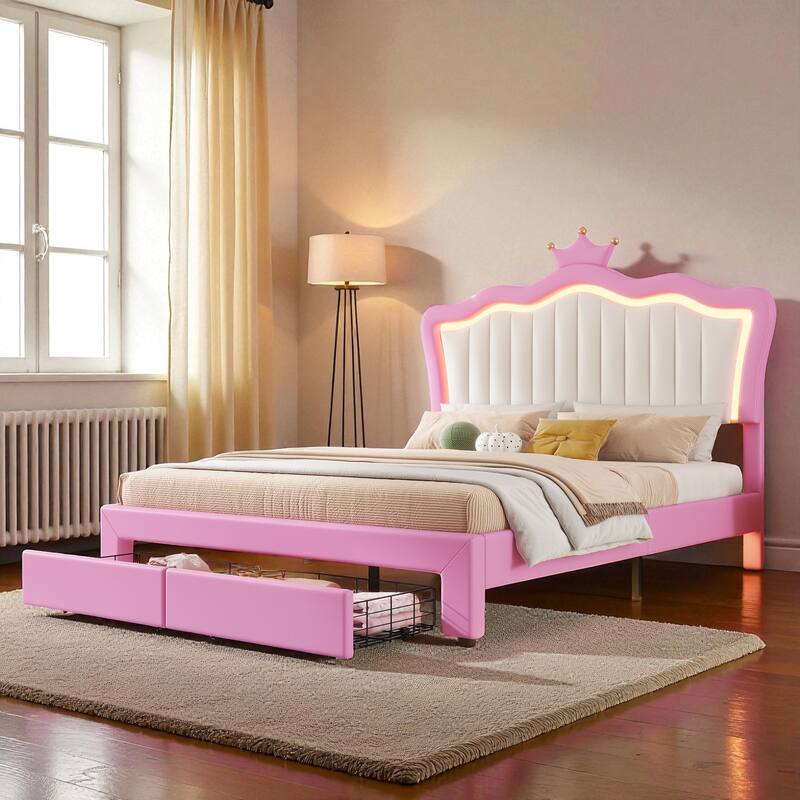 Full Size Upholstered Princess Bed with LED Lights and Crown Headboard, Platform Bed Frame with 2 Drawers and Slats