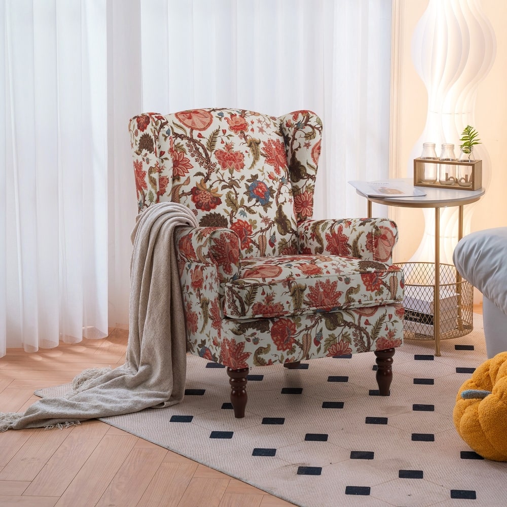 Erommy Wing back Arm Chair, Upholstered Fabric High Back Chair with Wood Legs