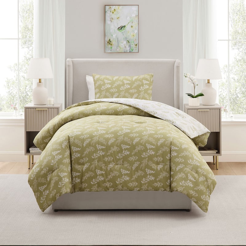 Empyrean 3PC Reversible Botanical Printed Comforter Bedding Set - Olive Grove - Twin