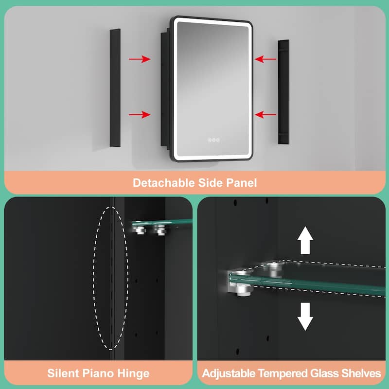 Milo LED Iron Medicine Cabinet with Mirror, Dimmable, Anti-fog, Adjustable Glass Shelves, Recessed or Surface Mount