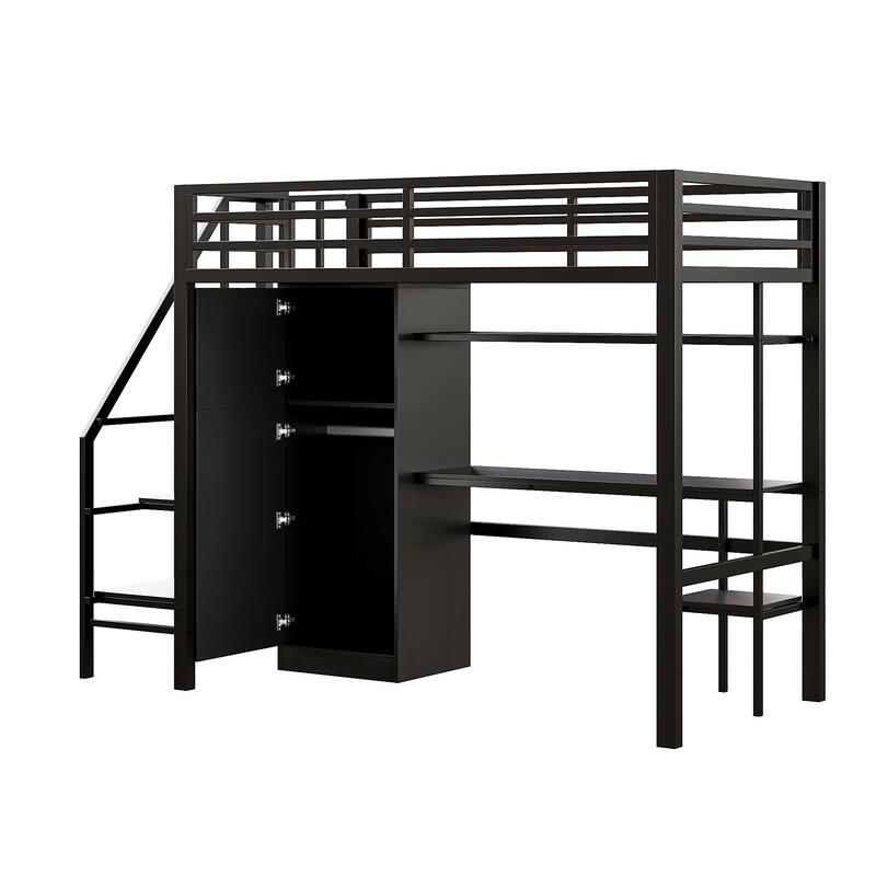 Twin Size Bed Frame Metal Loft Bed with Desk, Shelf, Built-in Wardrobe and Storage Staircase for Children, Boys and Girls