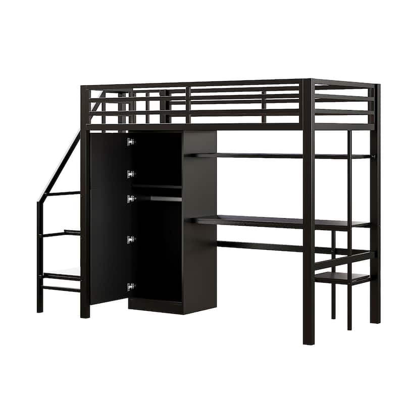 Twin Size Loft Bed with Storage Ladder, Metal Loft Bed Frame with Large Wardrobe & Desk for Teens Kids, No Box Spring Needed
