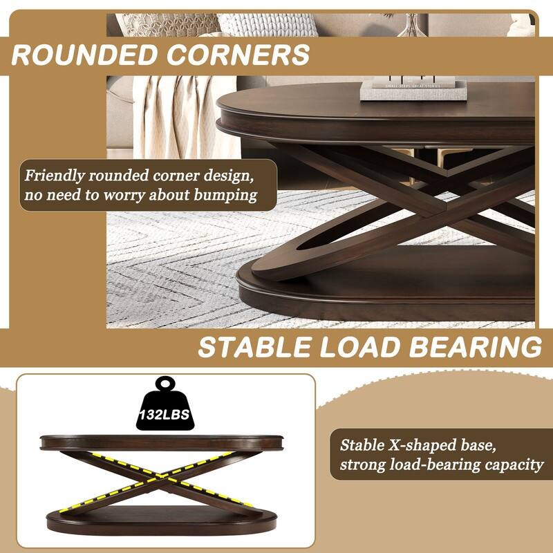 Solid Wood Oval Coffee Table with X-Shaped Base for Living Room Use