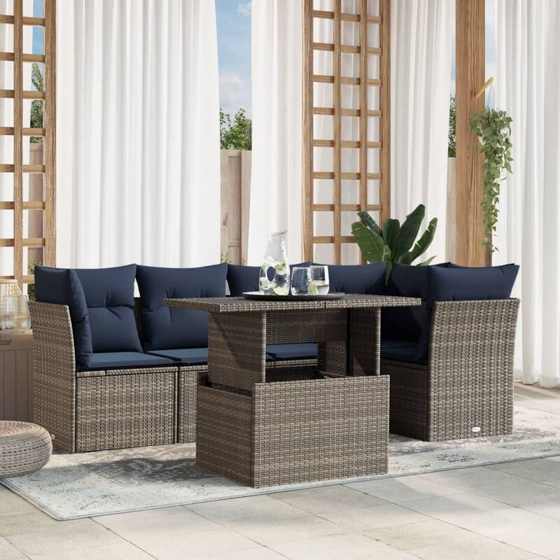 vidaXL 6 Piece Patio Sofa Set with Cushions Black/Brown/Gray Poly Rattan - Gray without storage