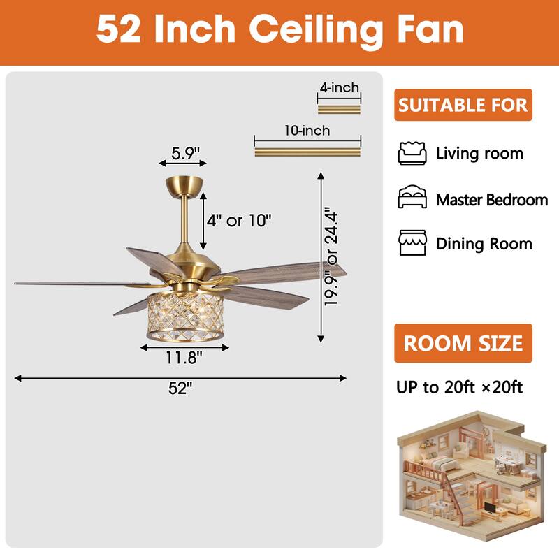 52" Modern Wood 5-Blade Gold Crystal Ceiling Fan Fandelier with Remote