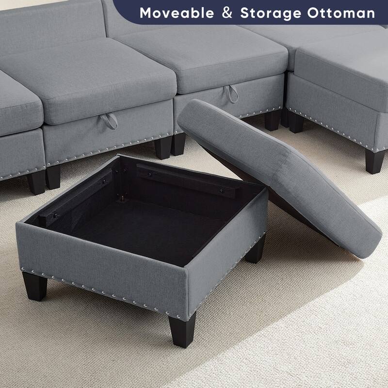 Mixoy Rivet Design Flexible Combination Reversible 4-Seater Modular Sofa with Storage Ottomans,Linen Convertible Sleeper Sofa