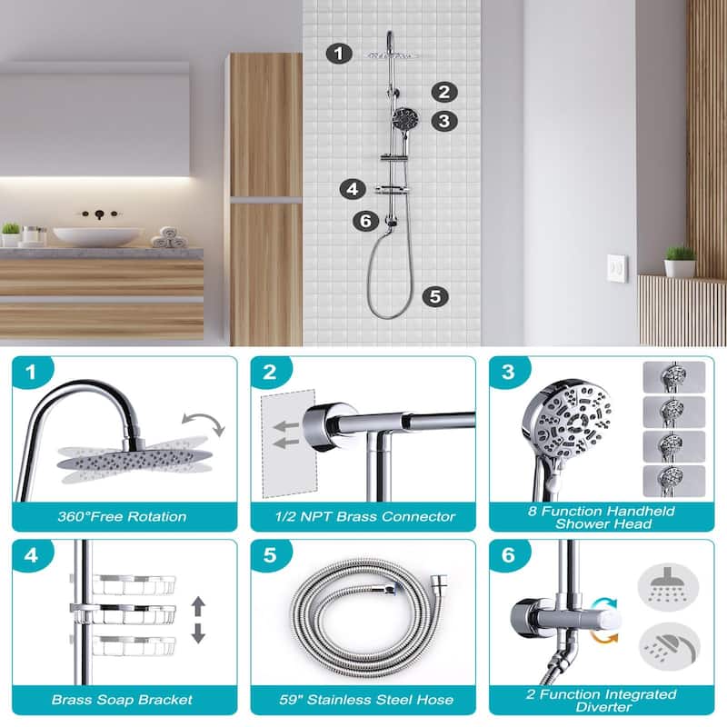 WOWOW Wall Bar Shower Kit 8 in. Rain Shower Head with Hand Shower