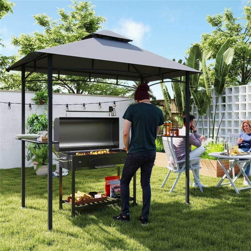 Gray and Black Outdoor Grill Gazebo with Double-Layer PA-Coated Polyester Canopy Powder-Coated Steel Frame - Grey-Black