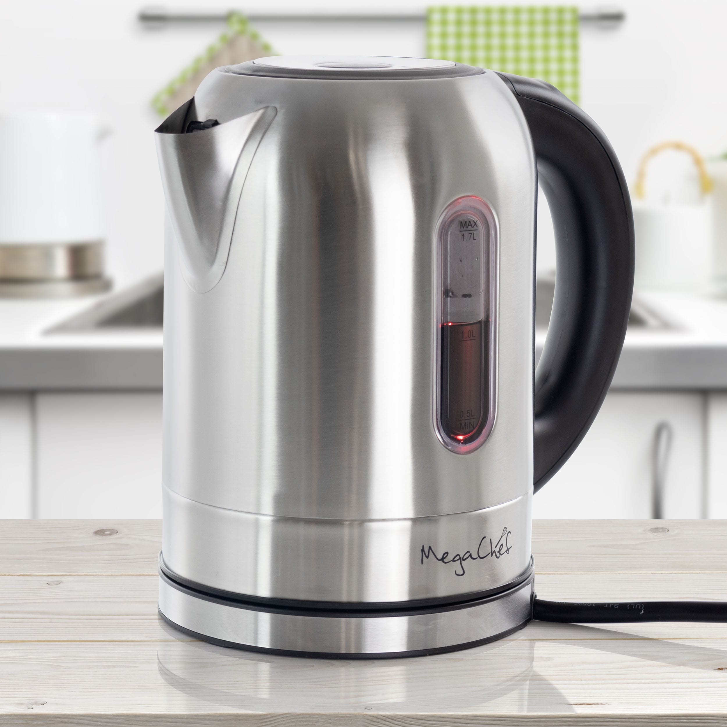 MegaChef 1.7-Liter Stainless Steel Electric Tea Kettle, with 5 Preset Temperatures, Silver