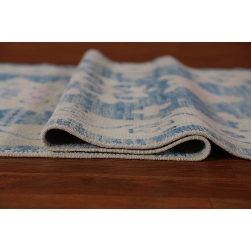 Hand Knotted Oriental 100% Wool Carpet Transitional Floral Navy Blue & Blues Oushak Runner Rug - 14' 5'' X 3' 1''