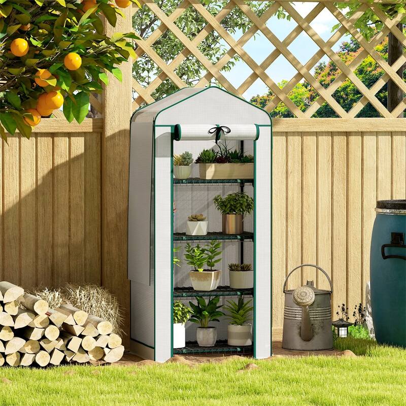 4-Tier Portable Outdoor UV-Resistant Greenhouse PE Cover with Double-Layer Roof and Shelves