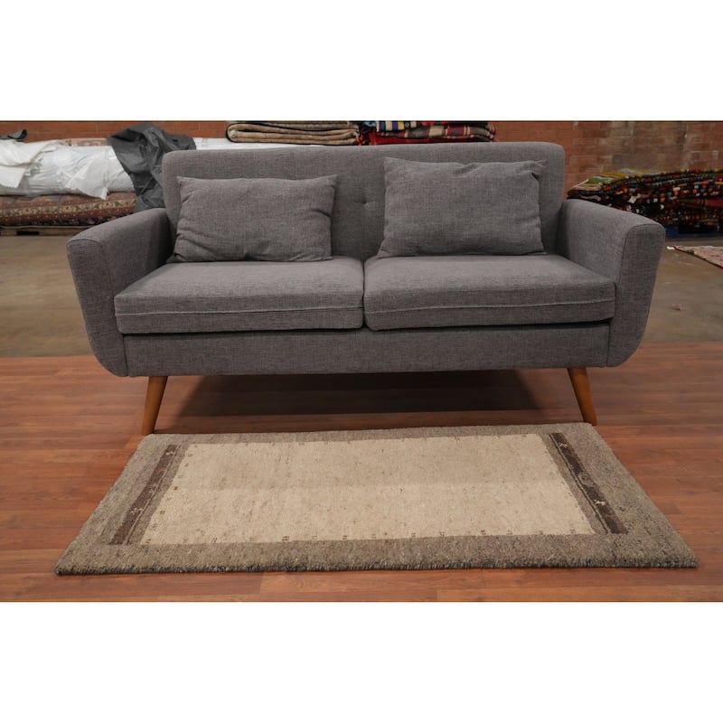Hand Knotted Oriental 100% Wool Carpet Modern Bordered Beige & Ivories Gabbeh Area Rug - 4' 5'' X 2' 2''