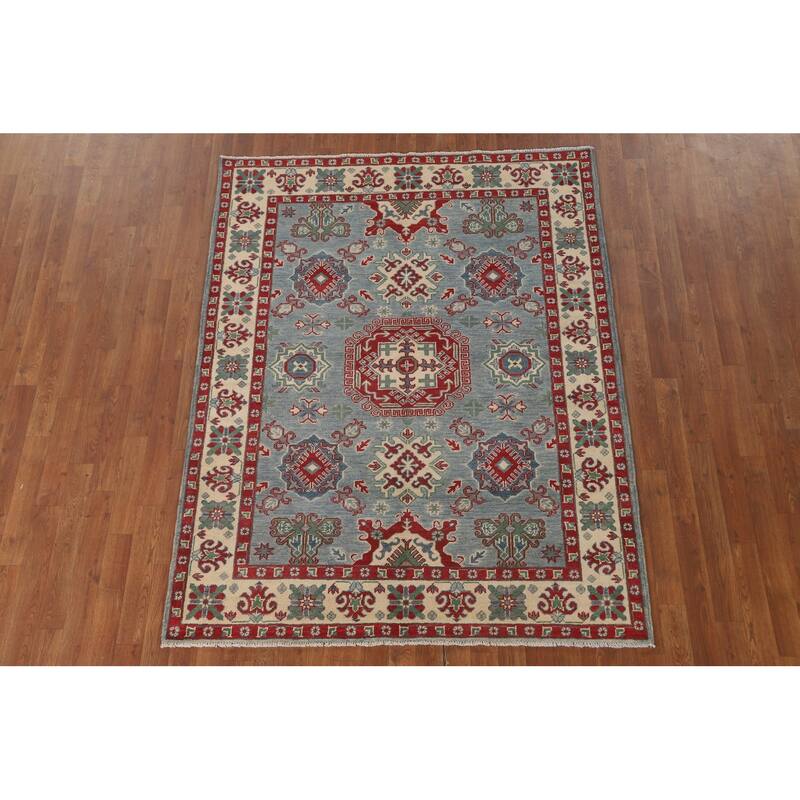 Blue Geometric Kazak Area Rug Hand-Knotted Wool Carpet - 4'11" x 6'4"