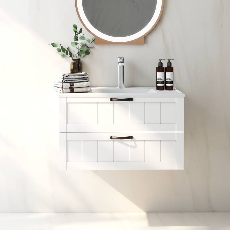31.5" Bathroom Vanities Cabinet with Sink Combo, Wall Mounted Floating Cabinet With Decor Line, Soft-Close System - White