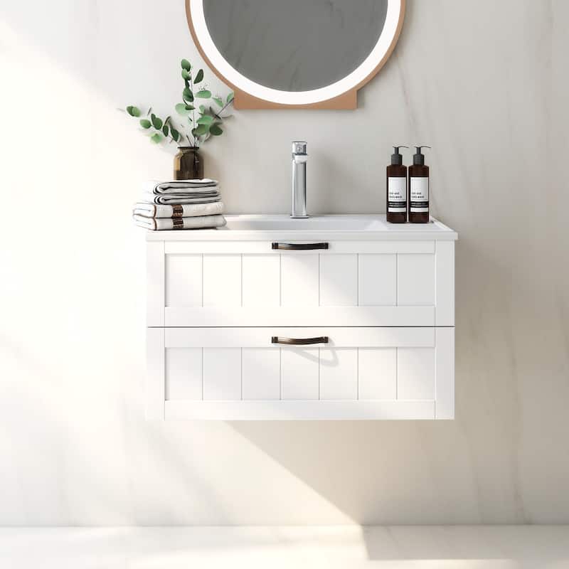 GDFStudio - 31.5" Modern Style Bathroom Cabinet, Double Drawer with Decor Line, Wall-Mounted Vanity