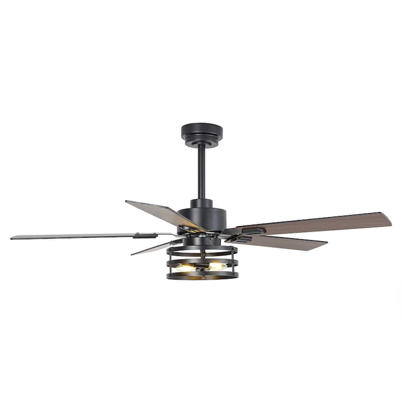 52" Industrial Reversible Wood 5-Blade Black Ceiling Fan with Light and APP Control