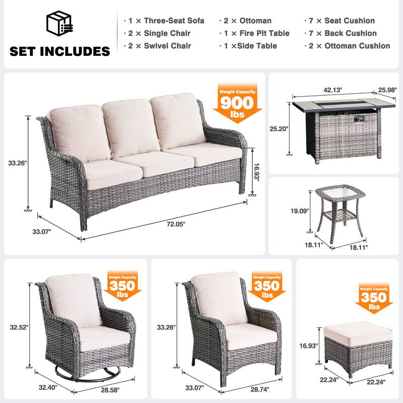 OVIOS 9-piece Patio Wicker Swivel Rocking Chair Set With Fire Pit