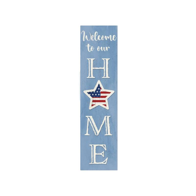 HomeRoots 36" Blue White And Red Solid Wood Welcome To Our Home Americana Porch Sign