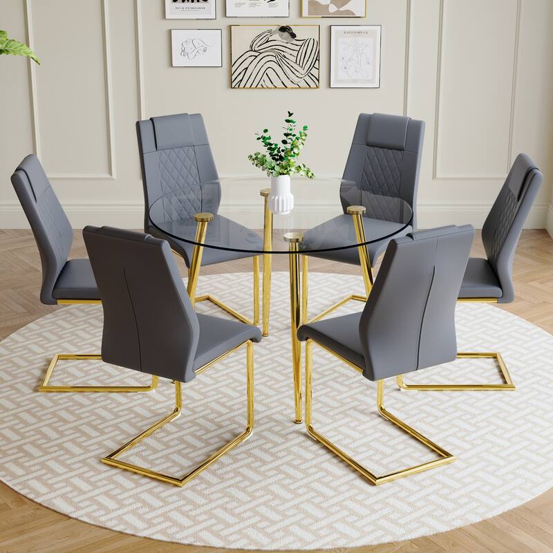 Modern Style Dining Set with Round Transparent Tempered Glass Table and PU High Back Dining Chairs