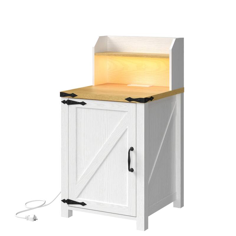 Anmytek Rustic Barn Door Nightstand,End Table with Outlets USB Charging Station LED Lights Storage Cabinet - White