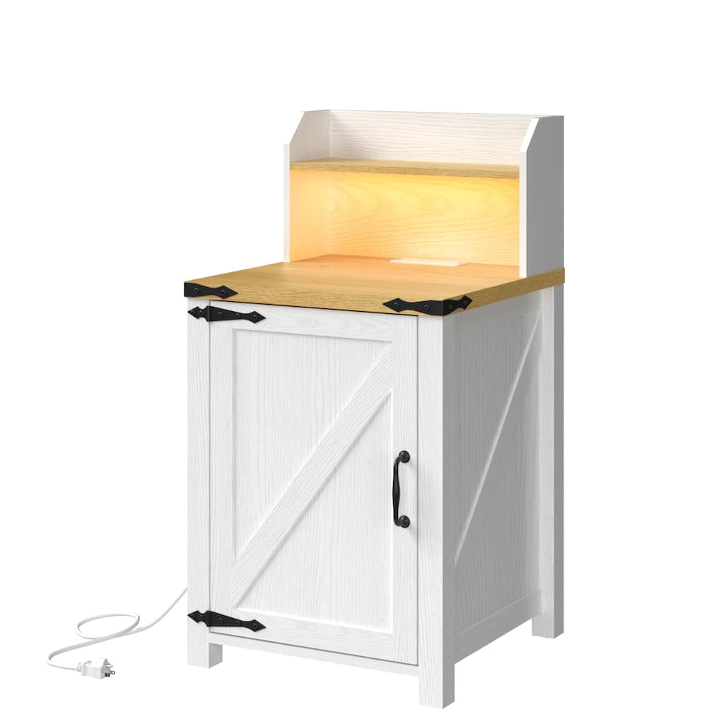 Anmytek Rustic Barn Door Nightstand,End Table with Outlets USB Charging Station LED Lights Storage Cabinet
